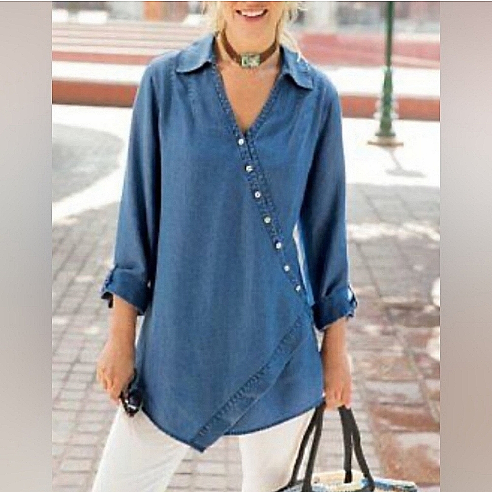 Soft Surroundings Tencel Chambray Blue Shell Buttons Tunic Top S